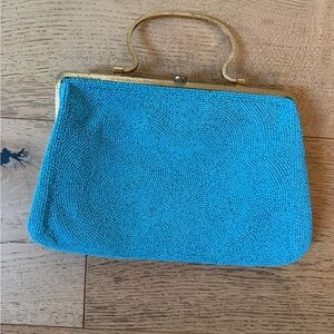 Vintage Turquoise Beaded Clutch with Gold Handle